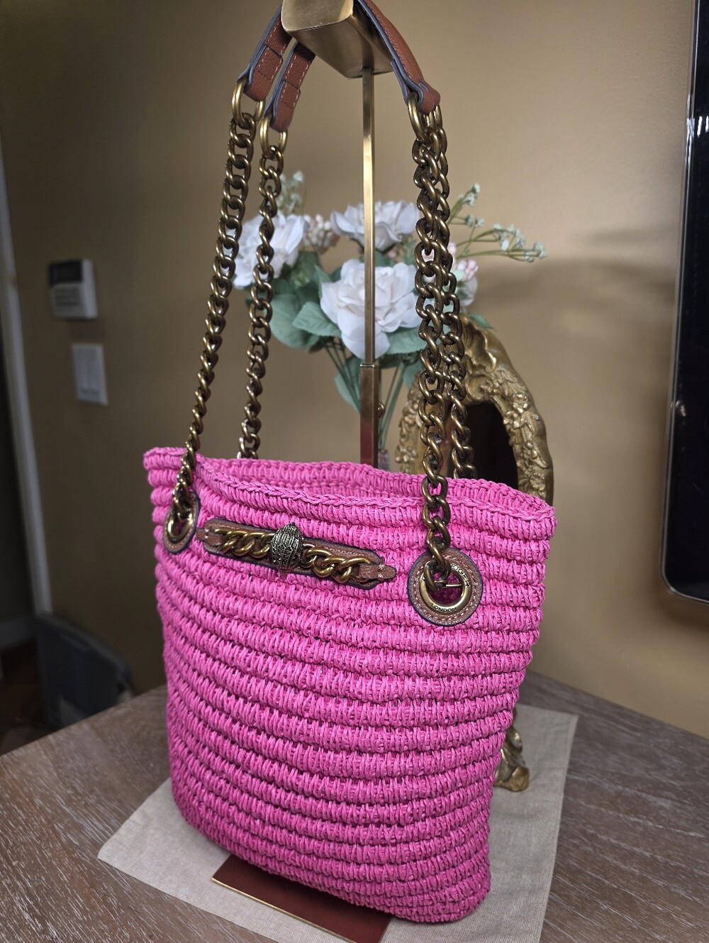 Kurt Geiger Hot Pink Brixton Raffia Chain-Handle Tote Shoulder Bag (Retail $285) - Picture 3 of 14